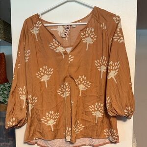 Anthropologie Tan Blouse with Cream Print